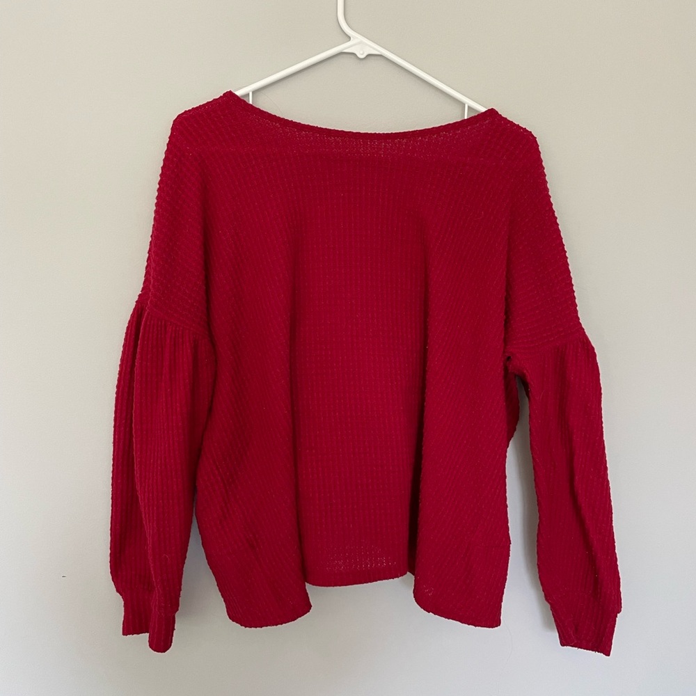 Red Cherish Sweater with puff sleeves, open back. Size Small.